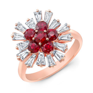 18K Rose Gold Fancy Ruby & Baguette Diamond Ring